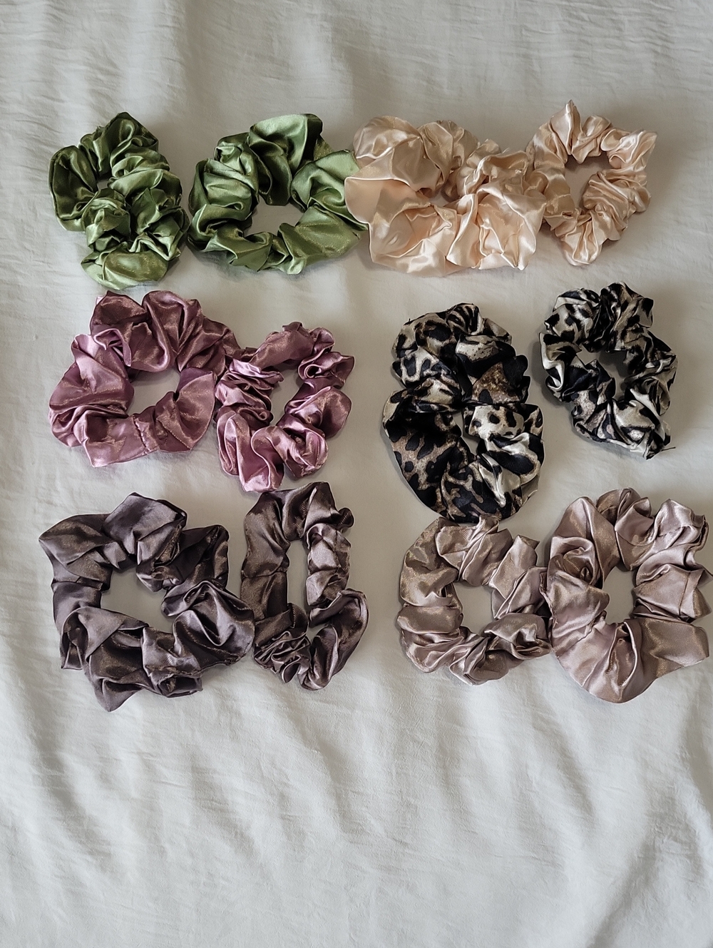 12-Silk Satin Scrunchie Set - Green, Blush, Mauve, Taupe & Leopard